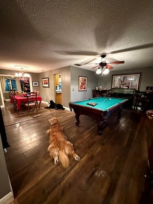 Billiard Table, Chandelier, Dining room, Game Room, Interior, Wood Texture Flooring