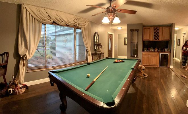 Billiard Table, Game Room, Interior, Wood Texture Flooring