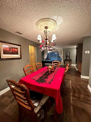 Chandelier, Dining room, Interior, Wood Texture Flooring