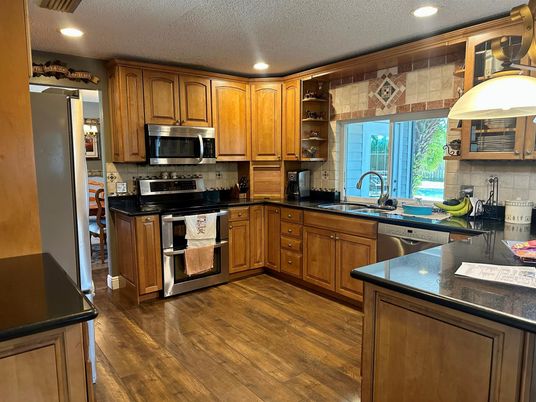 Interior, Kitchen, Recessed Lighting, Stainless Steel Appliances, Wood Texture Flooring