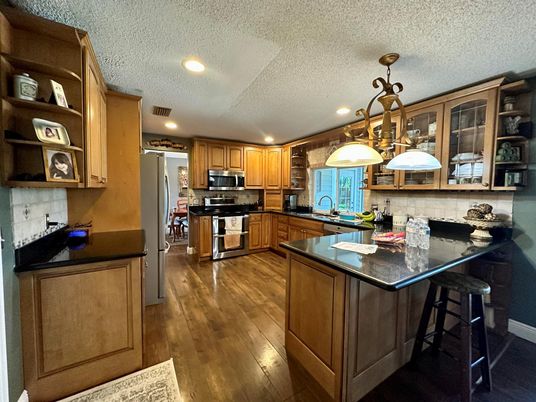 Interior, Kitchen, Pendant Lights, Recessed Lighting, Stainless Steel Appliances, Wood Texture Flooring