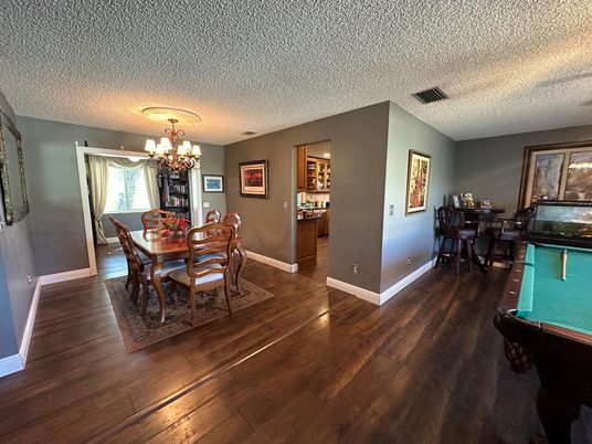 Billiard Table, Chandelier, Dining room, Game Room, Interior, Wood Texture Flooring