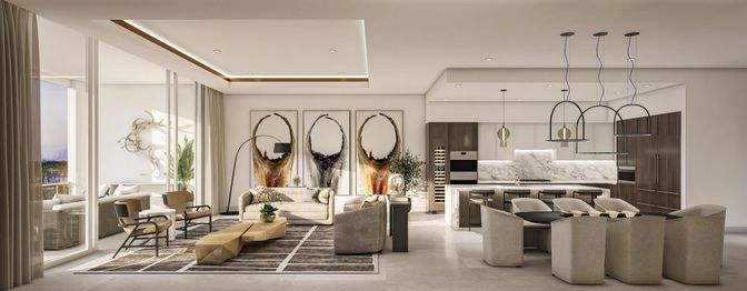 Interior, Kitchen, Living room, Marble Walls, Pendant Lights, Recessed Lighting, Stainless Steel Appliances