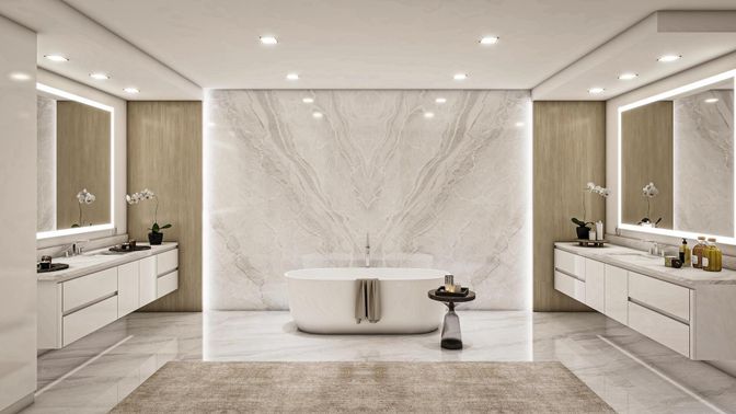 Bathroom, Dual Sink Vanities, Free Standing Baths, Interior, Marble, Marble Walls, Recessed Lighting