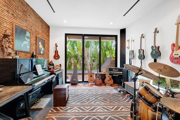 Home Office, Interior, Piano, Recessed Lighting, Stone Walls