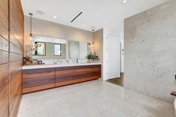 Bathroom, Dual Sink Vanities, Interior, Pendant Lights, Recessed Lighting