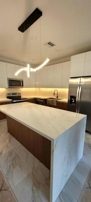 Interior, Kitchen, Marble, Pendant Lights, Recessed Lighting, Stainless Steel Appliances
