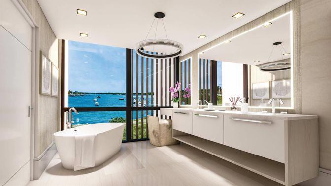 Bathroom, Dual Sink Vanities, Free Standing Baths, Interior, Pendant Lights, Recessed Lighting, Water