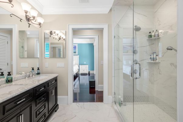 Bathroom, Dual Sink Vanities, Glass Shower, Interior, Marble, Marble Walls