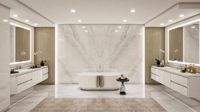 Bathroom, Dual Sink Vanities, Free Standing Baths, Interior, Marble, Marble Walls, Recessed Lighting