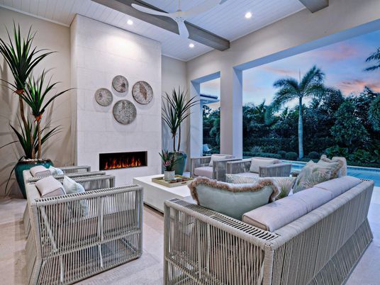 Fireplace, Interior, Living room, Pool, Recessed Lighting, Stone Walls