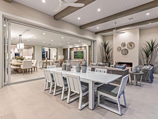 Dining room, Fireplace, Interior, Living room, Pendant Lights, Recessed Lighting, Wooden Beams
