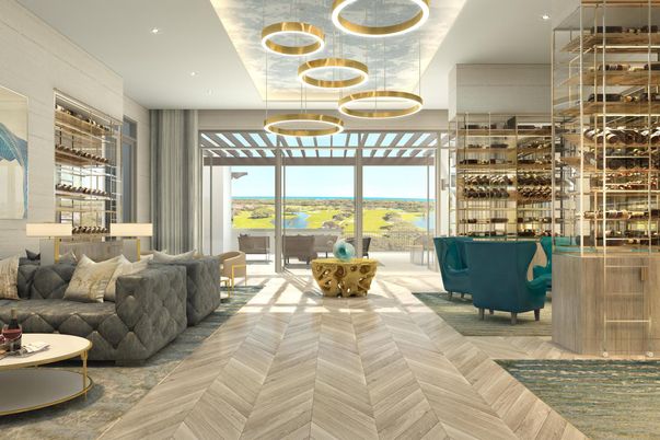 Interior, Living room, Pendant Lights, Recessed Lighting, Water, Wine Storage, Wood Texture Flooring