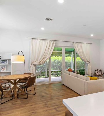 Dining room, Interior, Living room, Recessed Lighting, Wood Texture Flooring