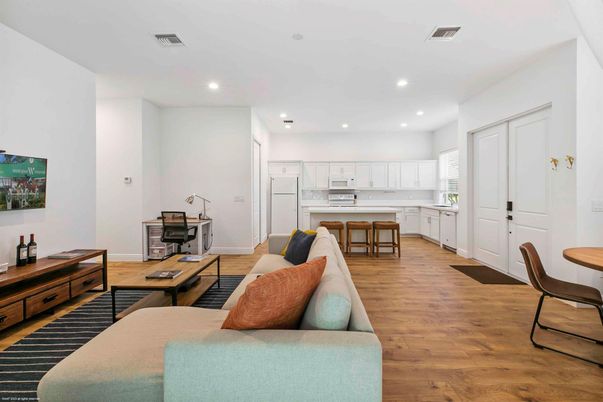 Interior, Kitchen, Living room, Recessed Lighting, Wood Texture Flooring