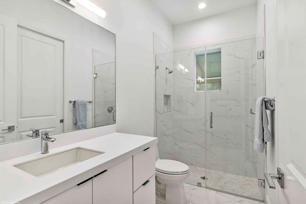 Bathroom, Glass Shower, Interior, Marble, Marble Walls, Recessed Lighting