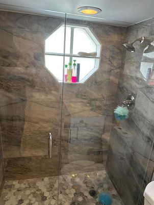 Bathroom, Glass Shower, Interior, Marble Walls, Recessed Lighting