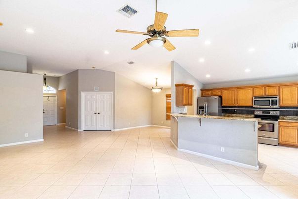 Empty room, Interior, Kitchen, Recessed Lighting, Stainless Steel Appliances