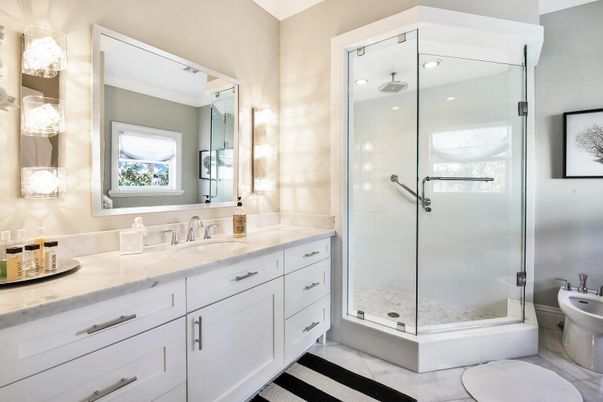 Bathroom, Dual Sink Vanities, Glass Shower, Interior, Marble, Recessed Lighting