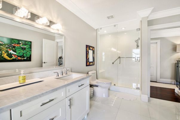 Bathroom, Dual Sink Vanities, Glass Shower, Interior, Recessed Lighting