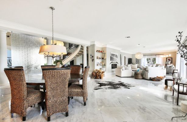 Dining room, Fireplace, Interior, Living room, Marble, Pendant Lights