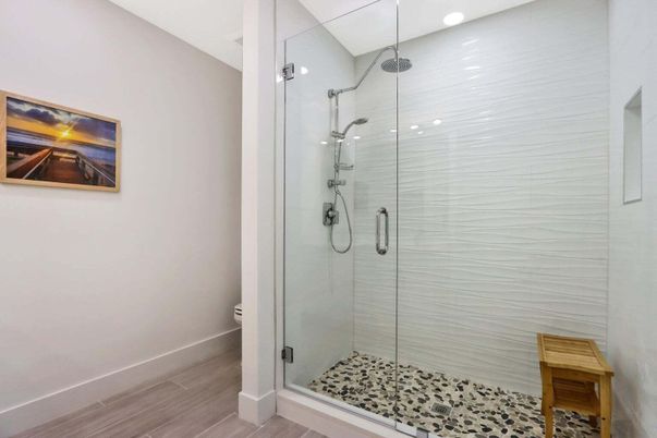 Bathroom, Glass Shower, Interior, Recessed Lighting, Wood Texture Flooring