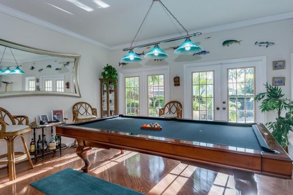 Billiard Table, Game Room, Interior, Pendant Lights, Wood Texture Flooring