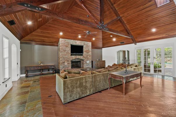 Fireplace, Interior, Living room, Recessed Lighting, Stone Walls, Wooden Beams, Wooden Ceilings, Wood Texture Flooring