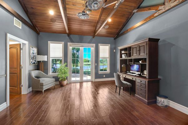 Home Office, Interior, Recessed Lighting, Wooden Beams, Wooden Ceilings, Wood Texture Flooring