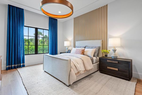 Bedroom, Interior, Pendant Lights, Recessed Lighting, Wood Texture Flooring