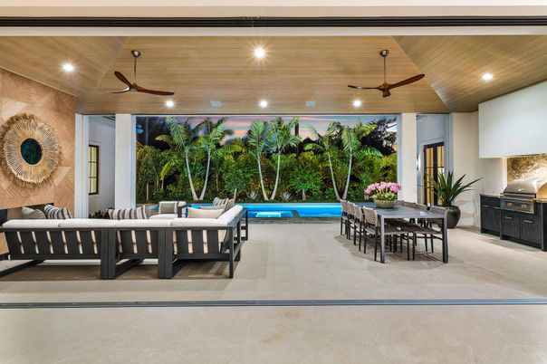 Dining room, Interior, Living room, Pool, Recessed Lighting, Wooden Ceilings