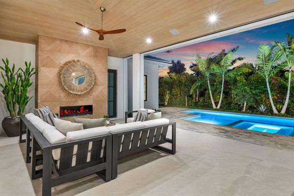 Fireplace, Interior, Living room, Pool, Recessed Lighting, Wooden Ceilings