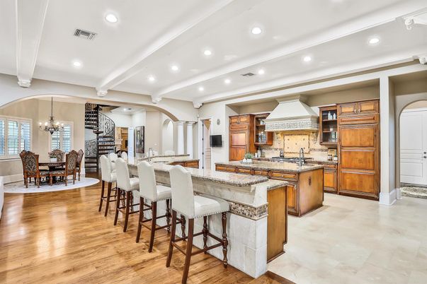 Chandelier, Dining room, Interior, Kitchen, Recessed Lighting, Stainless Steel Appliances, Wood Texture Flooring