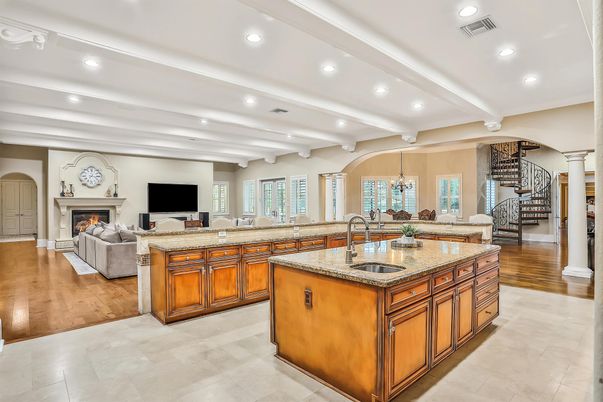 Chandelier, Fireplace, Interior, Kitchen, Living room, Recessed Lighting, Wood Texture Flooring