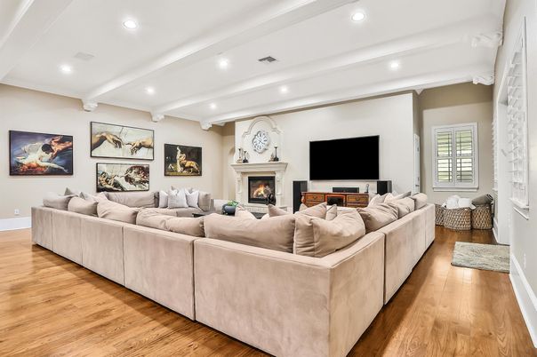 Fireplace, Interior, Living room, Recessed Lighting, Wood Texture Flooring