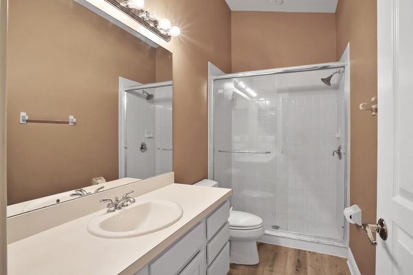 Bathroom, Glass Shower, Interior, Wood Texture Flooring