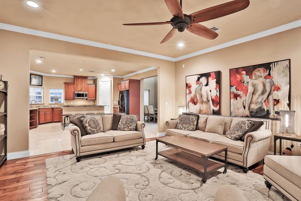 Interior, Kitchen, Living room, Recessed Lighting, Stainless Steel Appliances, Wood Texture Flooring