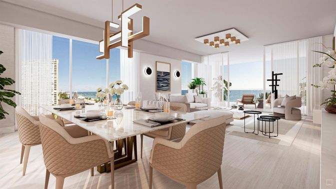 Dining room, Interior, Living room, Pendant Lights, Water, Wood Texture Flooring