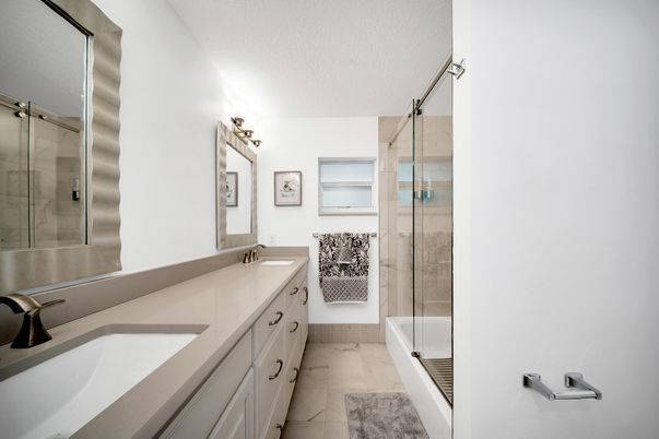 Bathroom, Dual Sink Vanities, Glass Shower, Interior, Marble