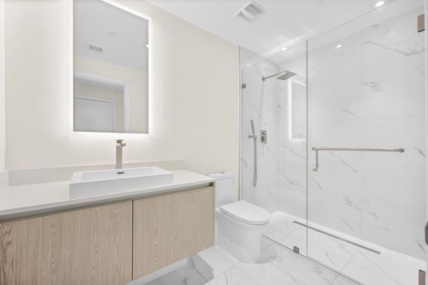 Bathroom, Glass Shower, Interior, Marble, Marble Walls, Recessed Lighting