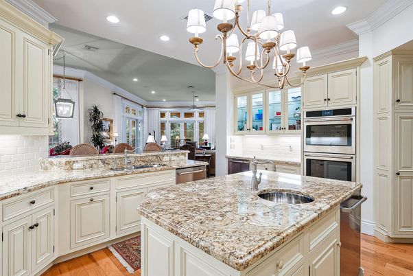 Chandelier, Interior, Kitchen, Recessed Lighting, Stainless Steel Appliances, Wood Texture Flooring