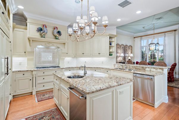 Chandelier, Interior, Kitchen, Recessed Lighting, Stainless Steel Appliances, Wood Texture Flooring