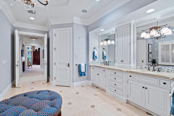 Bathroom, Chandelier, Dual Sink Vanities, Interior, Recessed Lighting