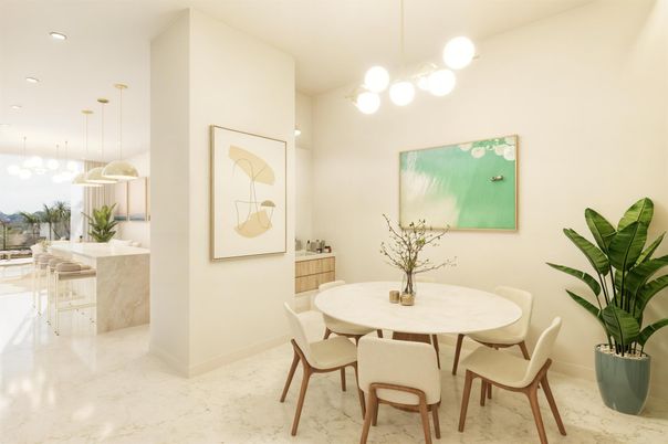 Dining room, Interior, Kitchen, Marble, Pendant Lights, Recessed Lighting