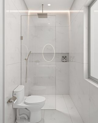 Bathroom, Glass Shower, Interior, Marble Walls, Recessed Lighting