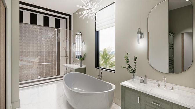 Bathroom, Dual Sink Vanities, Free Standing Baths, Glass Shower, Interior, Marble