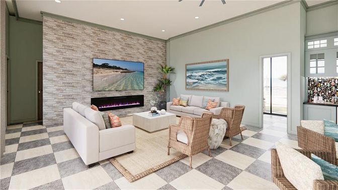 Fireplace, Interior, Living room, Recessed Lighting, Stone Walls