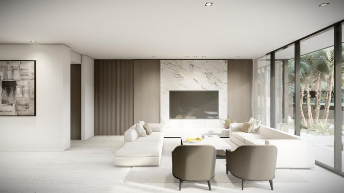 Fireplace, Interior, Living room, Marble Walls, Recessed Lighting