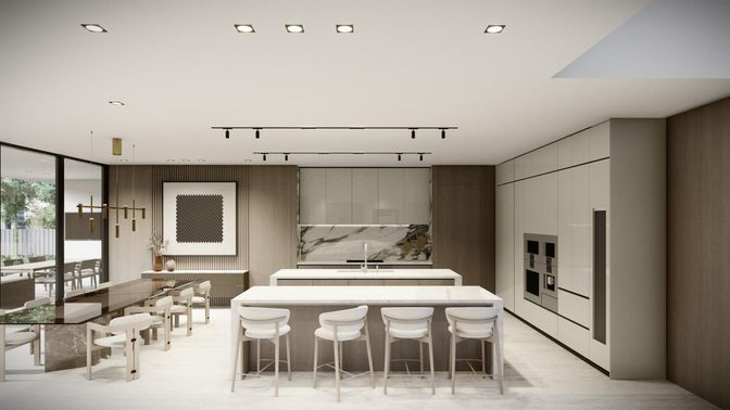 Dining room, Interior, Kitchen, Marble Walls, Recessed Lighting, Wood Texture Flooring