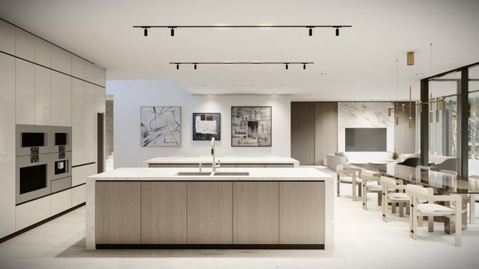 Dining room, Interior, Kitchen, Pendant Lights, Recessed Lighting, Wood Texture Flooring